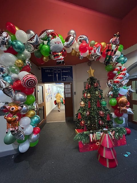 A Christmas balloon arch